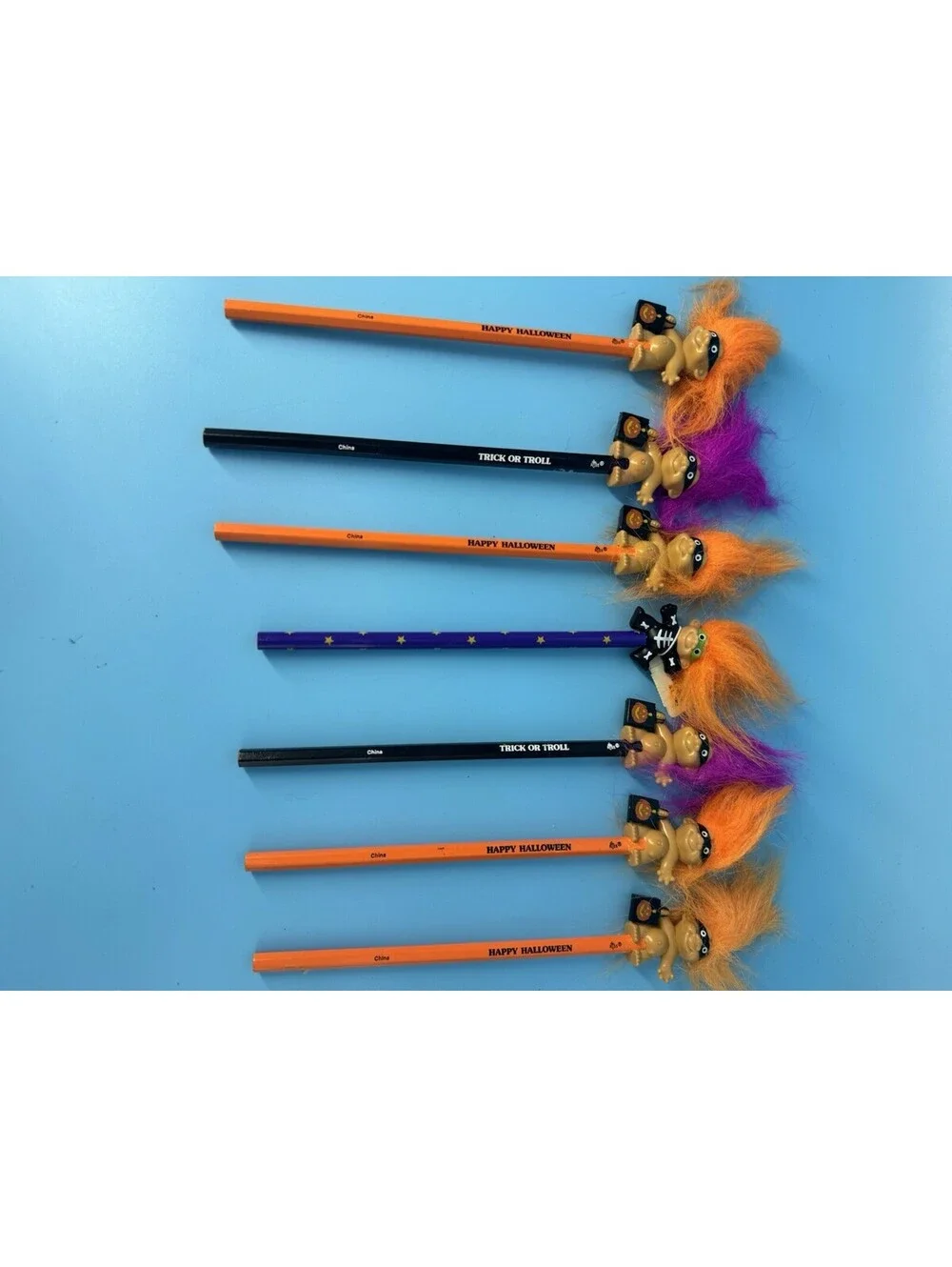 7 Vtg Troll Pencil Topper Pencil Good Luck Troll Happy Halloween New Old Stock